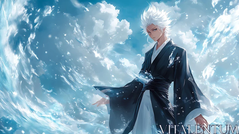 White haired swordsman controls swirling water and sky.
