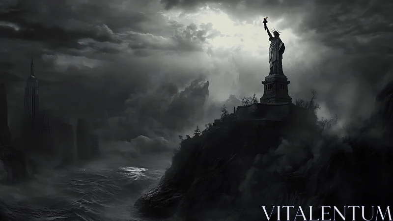 Statue of Liberty amid stormy apocalyptic seascape.
