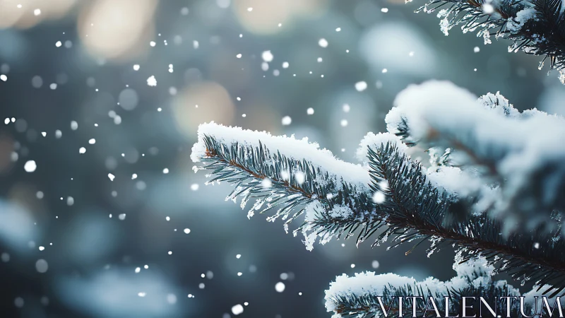 Snowy pine branches catching soft winter snowfall gently.
