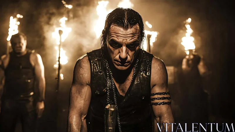 Intense performer stares forward before blazing torches in darkness