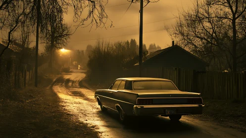 Classic sedan on misty backroad at golden hour dusk