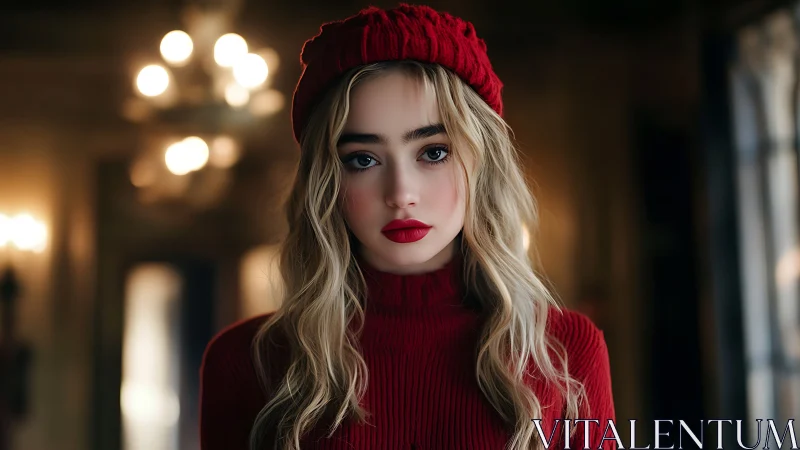 Portrait of young woman indoors wearing coordinated red outfit.