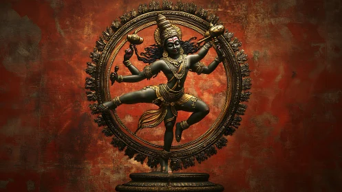 Bronze Nataraja sculpture against textured vermilion backdrop.