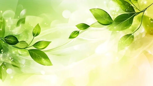 Glowing green leaves drift through luminous abstract light.