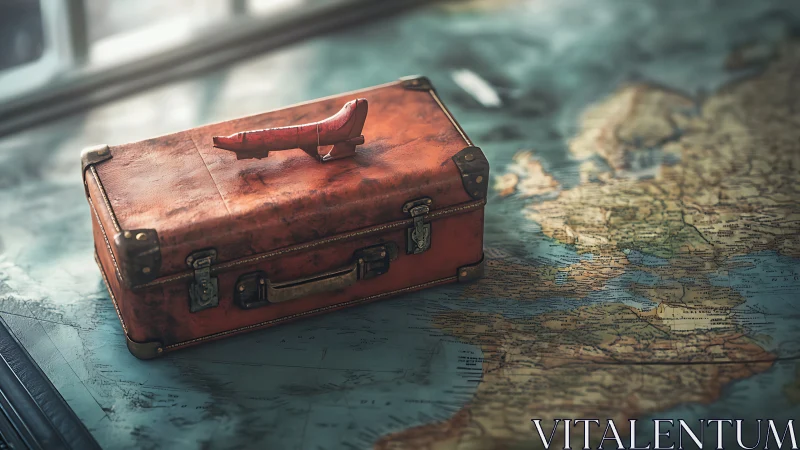 Vintage suitcase on world map with toy airplane handle.