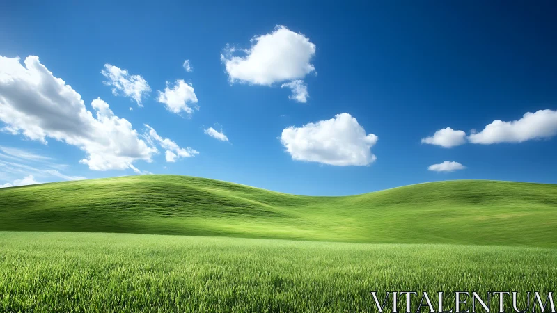 Rolling green hills under deep blue sky with soft clouds.