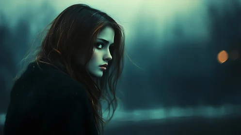 Midnight gaze sharpens through misty teal winter air