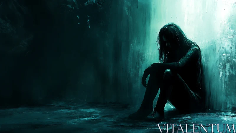 Melancholy silhouette soaking in teal stormlight silence.