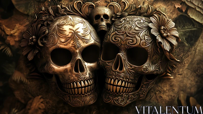 Ornate metallic skulls with floral carvings on textured wall.