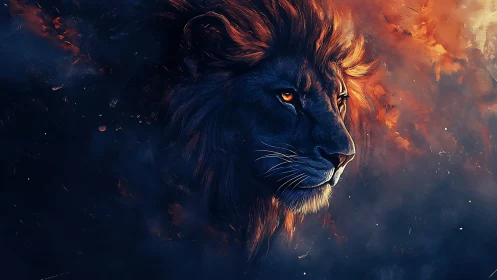 Ember-lit lion portrait emerging from cosmic shadows.