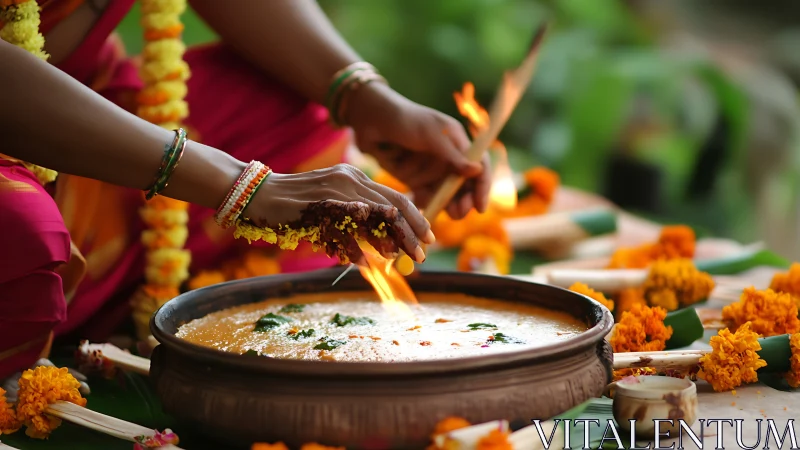 Warm ritual flames over fragrant flowers and offerings.