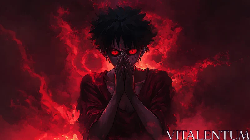 Demonic anime figure concentrates amid engulfing crimson flames