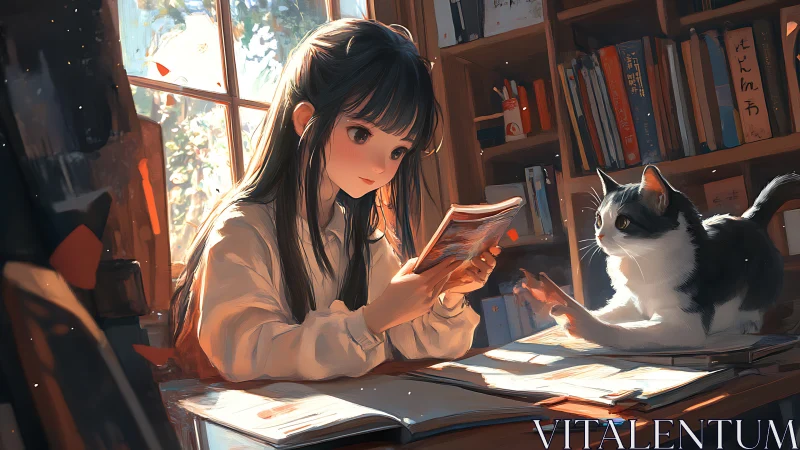 Anime interior study scene with girl, cat, and warm backlight.