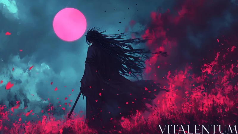 Solitary swordsman stands under saturated pink circular moon