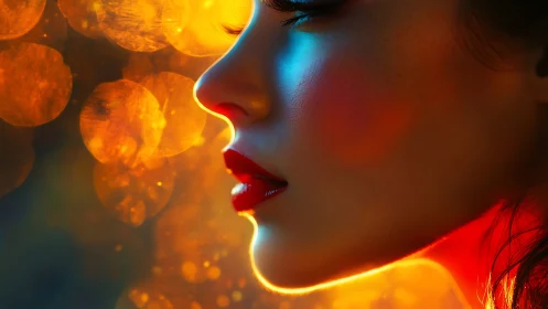 Dreamy neon-lit profile bathed in glowing city bokeh.