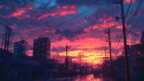 Neon sunset over quiet city street and power lines.