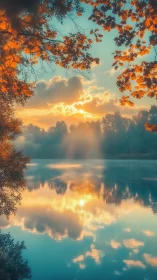 Sunset sky and autumn trees reflected symmetrically on lake