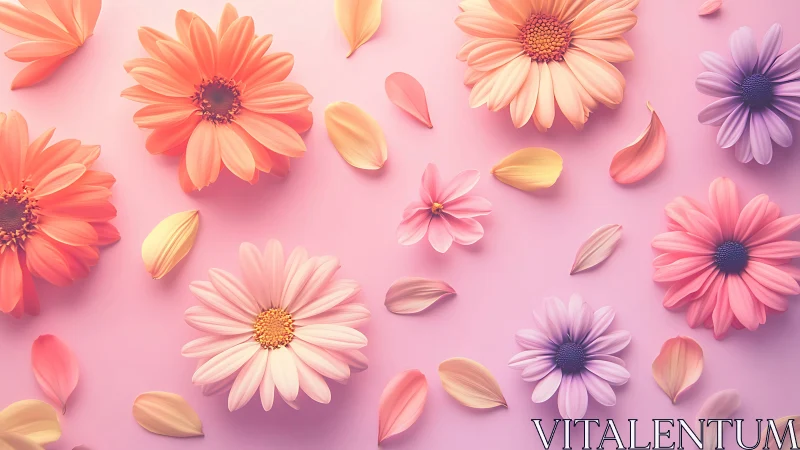 Soft pastel daisies scattered across a dreamy pink field.