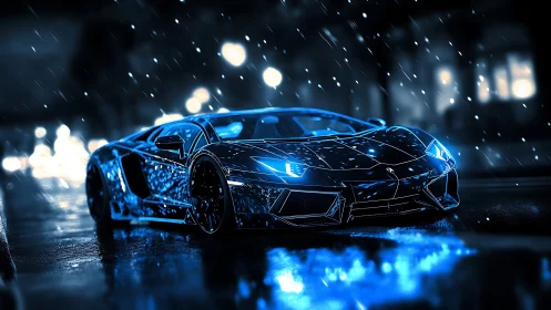 Neon blue supercar slices through wet night city street