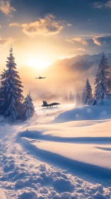 Jet fighters over snowy forest valley at sunrise glow.