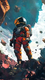 Solitary astronaut standing on rocky alien landscape.