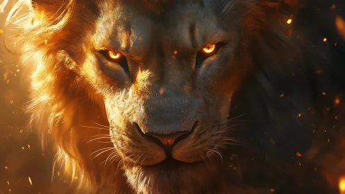 Fiery eyed lion portrait in dramatic glowing embers.