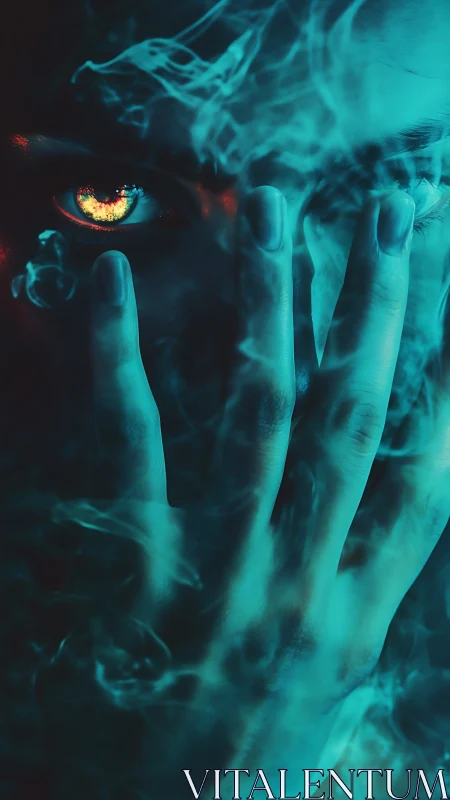 Incandescent iris framed by veiled hand in cyan vapor field