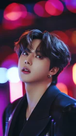 Male subject rendered in neon bokeh environment at night