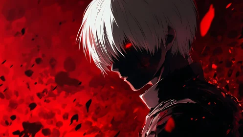 White haired anime figure in red abstract background.