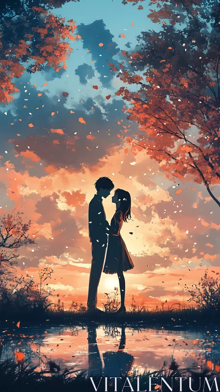 Silhouetted couple stands by reflective pond at vivid sunset