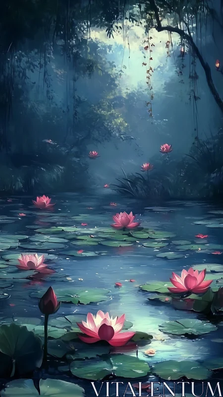 Moonlit jungle lilies drifting through a quiet, enchanted pool.