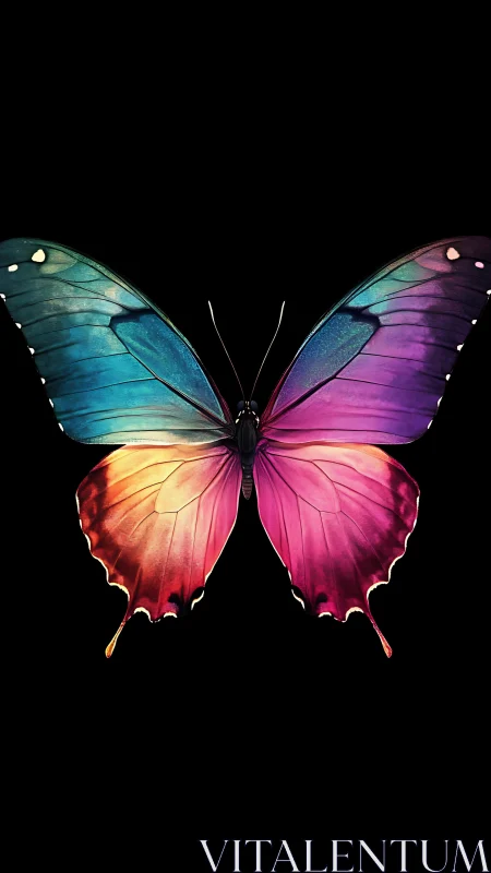 Multicolored butterfly with gradient wings on black field.