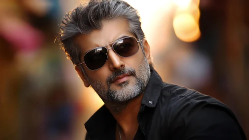 Silver-haired man in sunglasses under warm urban bokeh light.