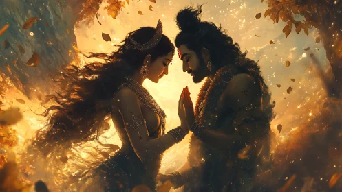 Divine couple illuminated by ethereal backlight in autumn haze