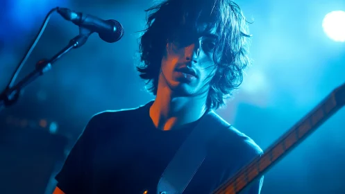Live performance portrait shows guitarist under blue stage light