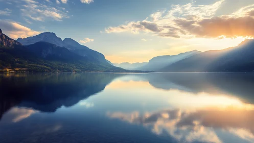 Calm mountain lake at sunrise with soft mirrored reflections.