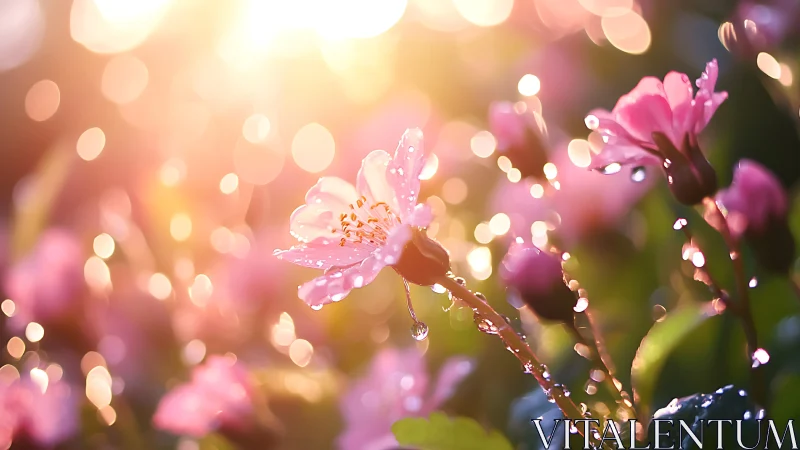 Dewdrops Dance: Pink Petals Glowing in Golden Bokeh.