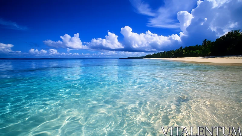 Tropical shoreline with clear water under cumulus clouds.