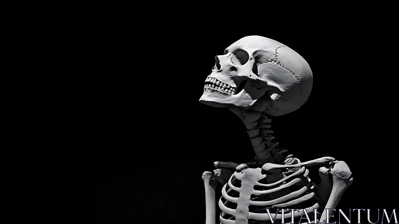 Human skeleton model gazes upward under stark lighting