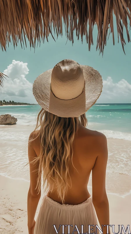 Back view woman in straw hat gazes over tropical shoreline