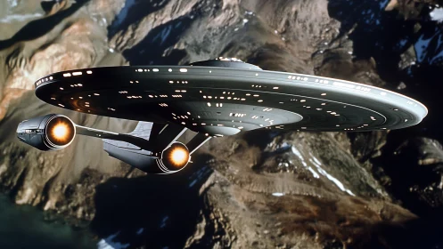 Graceful starship gliding above rugged alien mountainscape.