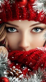 Winter portrait showcases icy eyes and vibrant red knit.