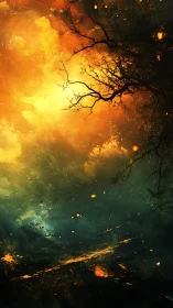 Golden Tree Silhouette Against Luminous Fire and Ethereal Green Gradient.