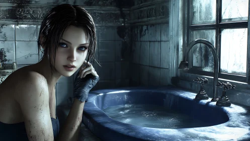 Wet-haired woman beside worn blue sink in cold tiled bathroom