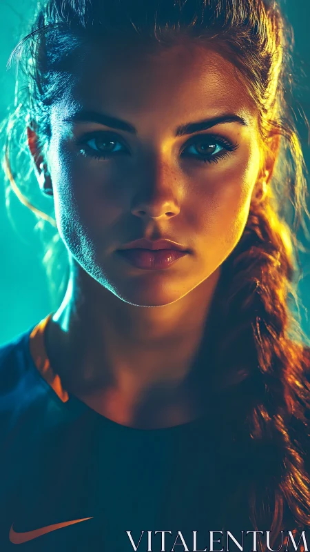 Intense athletic portrait under teal and amber rim light.