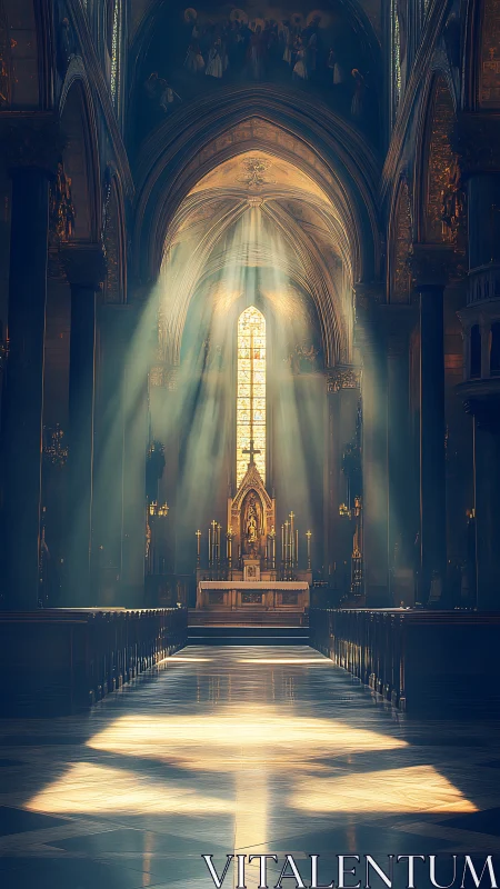 Sunlit cathedral nave where stained glass carves liquid gold.