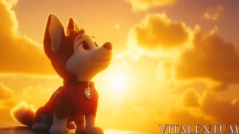 Cartoon rescue puppy sits in warm orange sunset light.