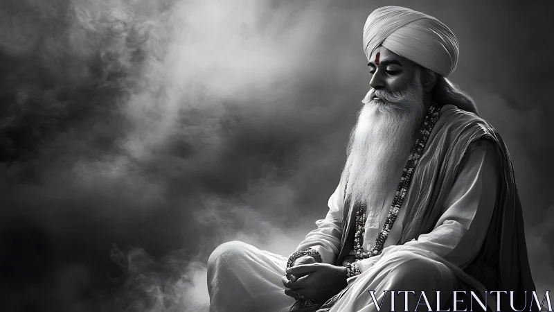 Elderly man in turban meditates in monochrome smoke field