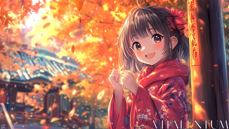 Warm backlit anime portrait in autumn shrine environment
