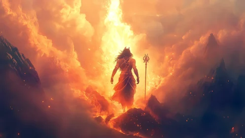 Fiery robed figure with trident amid glowing clouds.